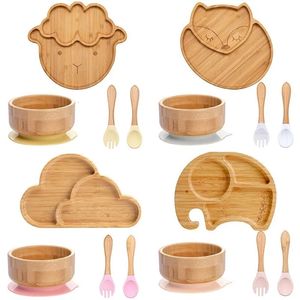 4pcs Childrens Tableware Suction Plate Bowl Baby Dishes Baby Feeding Dishes Spoon Fork Sets Bamboo Plate for Kids Tableware 240321