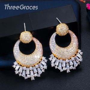 Earrings Threegraces Fashion Geometric 3 Tone Gold Color Dubai Cubic Zirconia Drop Dangle Earrings Nigerian Women Wedding Jewellery ER418