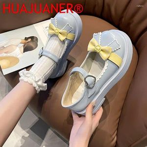 Casual Shoes Sweet Bowknot Platform Lolita Women Mix Color Med Heels Mary Janes Woman 2024 PU Leather Thick Bottom Flats