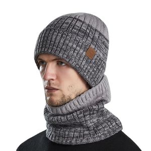 Vinterhatt för män pullover halsduk sätter plysch sammet fleece fodrade kvinnor tjock varm mössa balaclav stickade kepsar hane 240311