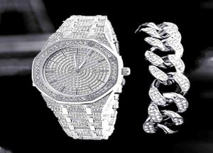 3PCS WatchBraceleletNeklace Hip Hop Miami Cuban Sieć złotą zegarek mrożony utwardzony dżernestones cz bling raper men biżuteria Joyas6988578