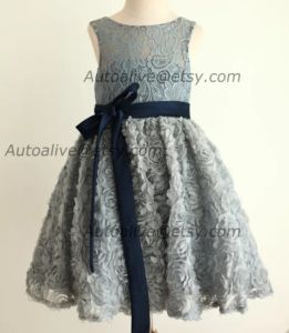 Dresses Gray Lace Rosette Keyhole Flower Girl Dress/Communion/Baptism/Junior Bridesmaid Dress/Baby Girl Dress/Navy Blue Bow Sash/Wedding