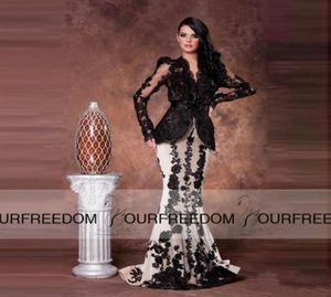2019 Elegant V Neck Saudi Arabia Mermaid Long Evening Dress Long Sleeve Prom -klänningar Långt svartvitt spets Applique Evening Gown9104688