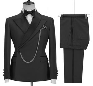 2021 Custom Made Black Groom Tuxedo Peaked Lapel Double Breasted Men Suit Prom Wedding Party Mens Suits Costume Jacket Pants7668285