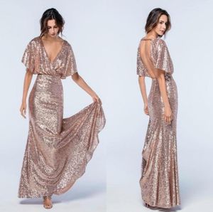 Sparkle Rose Gold paljetter sjöjungfru aftonklänningar v hals korta ärmar golvlängd rygglös aftonklänningar formella klänningar6081752