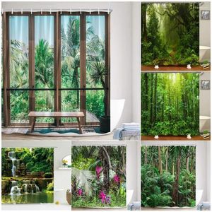 Shower Curtains Tropical Forest Landscape Curtain Palm Trees Waterfall Plants Natural Scenery Garden Wall Hanging Bathroom Decor