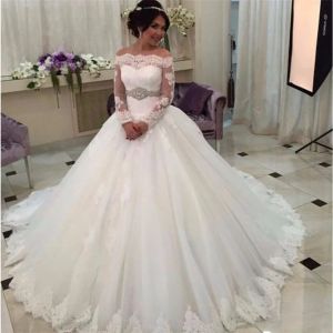 Dresses Saudi Arabia Off the Shoulder Ball Gowns Weeding Dress Luxury Long Sleeve Wedding Dresses Lace Bride Dress Beading Belt