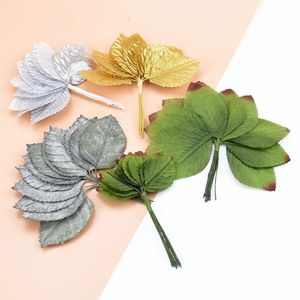 12 피스 DIY 인공 잎 꽃 실크 신부 브로치 녹색 잎 파티 웨딩 장식 스크랩북 크래프트 가짜 꽃