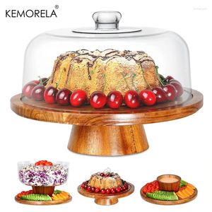 Płytki 1PCS Acacia Wood Cake Tray High Foot Display Chleb z przezroczystym szkłem i bez pokrywki