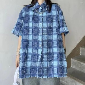 Women's T Shirts Summer Plaid Print Loose Y2k Women Shirt Short Sleeve Casual Vintage Baggy Tops Streetwear Cycling Korean Hip Hop Blouse