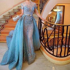 Zuhair Murad Light Sky Blue Night Dress Fashion Design Apliques de renda curta Vestidos de noite de manga curta 2017 Charming Prom P5075711