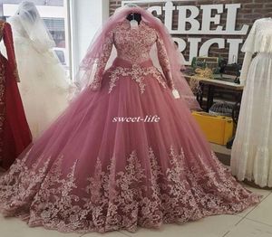 2020 Muslim High Neck Long Sleeve Wedding Dresses Lace Applique Plus Size Saudi Arabia Bridal Ball Clown Custom Vestido de Noiva1777539