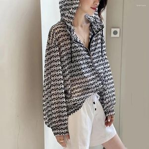 Women's Jackets Fashion Stripe Print Hood Summer Women Casual Loose Thin Protection Chaquetas Long Sleeves Outdoor Sport Outerwear Z188