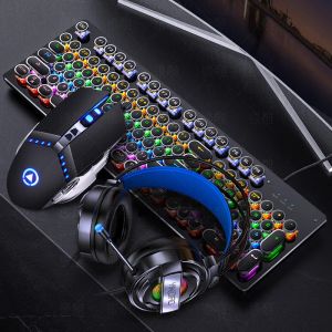 Combos Silver Carving Mechanical Keyboard Mouse and Headset ThreePiece Suit Gaming Punk Wired Keyboard and Mouse Kit