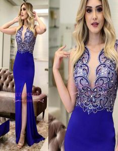 Luxury Beaded Royal Blue Evening Dresses Sexy Side Slit Sweep Train Sheath Mermaid Lycra Prom Party Gown Formal Occasion Wear BC024013162