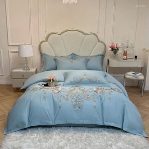 Set di biancheria da letto a letto spazzolato arancione blu premium da ricamo da ricamo morbido piumino chic foglio letto 2 pillowcase per tutta la stagione