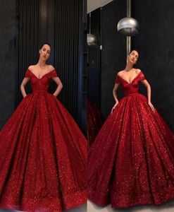 2020 Glitter Sequined Wine Red Evening Quinceanera Dresses Ball Gown V Neck Cap Kort ärmar med fickor Födelsedagsfest Prom för9733597