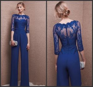 Suits 2019 Royal Blue Plus Size Mother Of Bride Pant Suit 3/4 Lace Sleeve Mother Jumpsuit Chiffon Cocktail Party Evening Dresses Custom