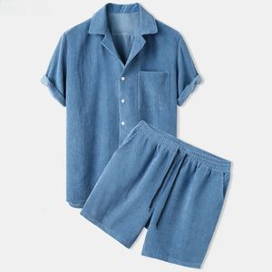 Summer Men Cord Shorts Zestawy Modne Lapel Krótkie koszule Solid 2 -częściowy zestaw Mens Casual Sportswear 240328