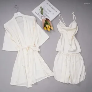 Hemkläder Tre del Pyjamas Set Rayon Clothes Lady Wedding Bride Kimono Cami Topshorts Outfit Sexig Sling Sleepwear Nightwear