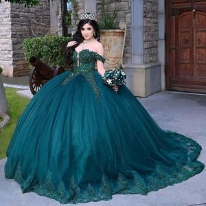 Темно -зеленый из бисера принцесса Quinceanera платья с плеча длинные чаевые выпускные платья