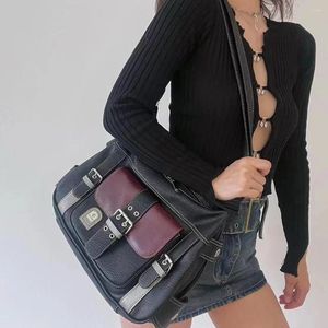 Drawstring Girls Stora kapacitet Crossbody Bag Casual Retro Sling Versatile Multi-Pocket Contrast Color for Traveling Shopping Pendling