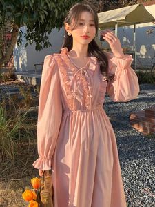 Casual Dresses LANMREM Korean Style Fashon Dress Long Sleeves Ruffles Pink Color Gathered Waist Female Clothing 2024 Spring 2DA4170