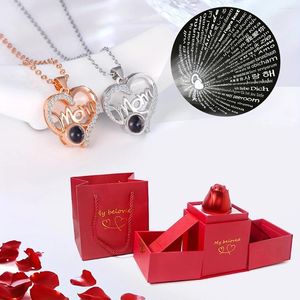 Pendant Necklaces Mom Heart Zircon Necklace With Roses Flower Gift Box I Love You In 100 Languages Projection For Women Mother Day Gifts