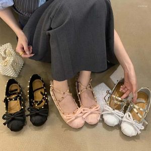 Casual Shoes Silver Women Classic Bowtie Rivet Satin Silk Ballet Flat Round Toe Flats Cross Buckle Ladies Soft Loafers