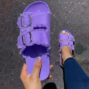 Yaz Ürünleri Avrupa ve Amerikan Sıradan Sandalet Düz Renk Tuval Kemeri Denim Düz Terlik Kadınlar 240326