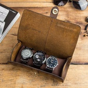 Caixas de relógio Cilíndro vintage 3 Suporte a caixa mecânica Viagens de armazenamento portátil masculino e feminino café