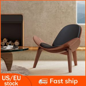 Tillbehör i mitten av århundradet Lounge Chair Replica Shell Chair Modern Tripod Lounge Chair Wood vardagsrum Stolar med svarta PU -läderstolar