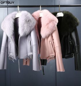 Offtbuy 2019 Real Pur Coat Jacket Women Women Women Natural Fox Fur Colar Real Wool Fur Liner Pu Faux Leather grossa Quente
