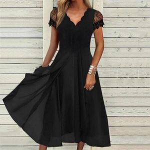 Casual Dresses Elegant Outfits For Women 2024 Plus Size Chiffon V Neck Splicing Spets Hollow Long Dress Bridesmaid Evening