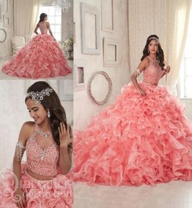 Coral Lace Organza Due pezzi Due ad abiti per quinceanera 2019 MODEST Ruffles Sweet 16 Abito da ballo Plus Masquerade Sheer Prom occasione 8659921