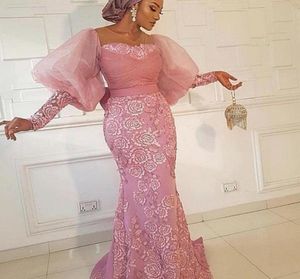 Puff Sleeves Mermaid Evening Dresses Aso Ebi Lace Appliques Prom Dress Plus Size Sheer Neck Formal Party Gowns3782988