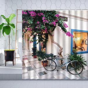 Shower Curtains Retro Street Scenery Curtain Set Flower Plant Bicycle Greek Town Design Wall Decorate Bathroom Bathtub Polyester