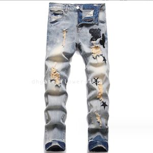 Mäns jeans är smal stretch blyerts mäns bomull elastisk broderad läderetikett rippade stjärna vintage mäns jeans lila jeans designer jeans jeans handväska