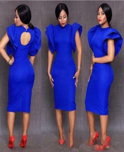 Tea Länge Royal Blue Cocktail Kleider 2019 Robe de Bal Courte Cap Sleeve ASO EBI STY