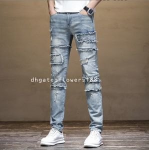 Herren Jeans 2024 Neues Männer hellblau nostalgisch schlankes Fahrrad Nähte gebürstete Jeans Bleistift mittelheißen Hosen Jeans mit Druckjeans mit Sternenjeans mit Tag