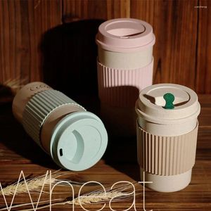 Water Bottles 450ML Coffee Cups With Lids Wheat Straw Reusable Portable Cup Dishwasher Safe Mug Tea Travel