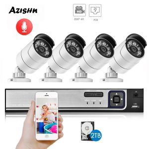 System AZISHN H.265+ 4CH 8MP 4K CCTV System POE NVR Kit 3840X2160 Audio Waterproof Metal IP Camera Bullet Home Security Camera System