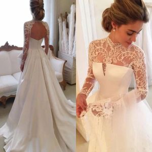 Dresses Gorgeous Long Sleeve Wedding Dresses With Sheer Neck Jewel Sexy Open Back Bridal Gowns Satin Vintage Wedding Dress Lace Top Cheap