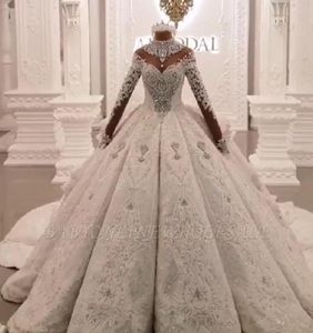 Vintage Ball Gown Wedding Dresses 2020 High Neck Luxury Train Long Hidees Sparkle Applique Satin Bridal Gowns2459477