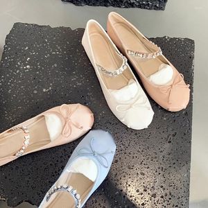 Casual Shoes Crystal Band Mary Janes Woman Bowtie Silk Ballet Flats Sweet Pink Dress Female Rhinestone Ankle Strap Loafers Size43