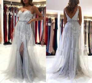 Gorgeous Lace Tulle Split Prom Dresses Sexy Spaghetti Straps Backless A Line Evening Gowns With Beaded Belt BC127913552494