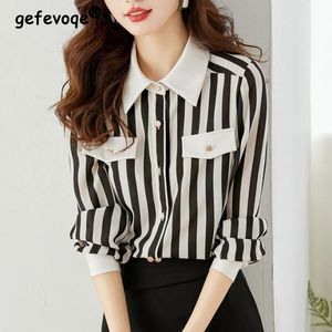 Damenklassiker gestreifter Druckknopf Hemd Koreanische Mode elegante Büro Lady Bluse lässig lockere Langarm -Tops Chic Blusas 240322