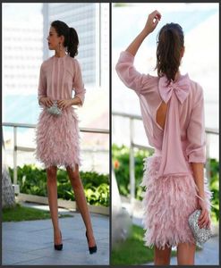 2019 New Gorgeous Feather Short Prom Dresses Pink Long Sleeves Open Back With Bow Evening Gowns Cocktail Party Dresses For Special1050528