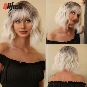 Perücken kurze Bob -synthetische Perücken schwarze Platin -Ombre -Perücke mit Pony für Frauen blonde Körperwelle Perücken Hitzeresistent Cosplay Party Haare