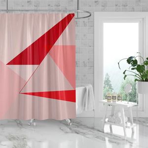 Duş perdeleri 180x180cm Banyo Su geçirmez polyester perde kalıbı, kancalarla delinmiş pembe ve kırmızı renk blok ekleme